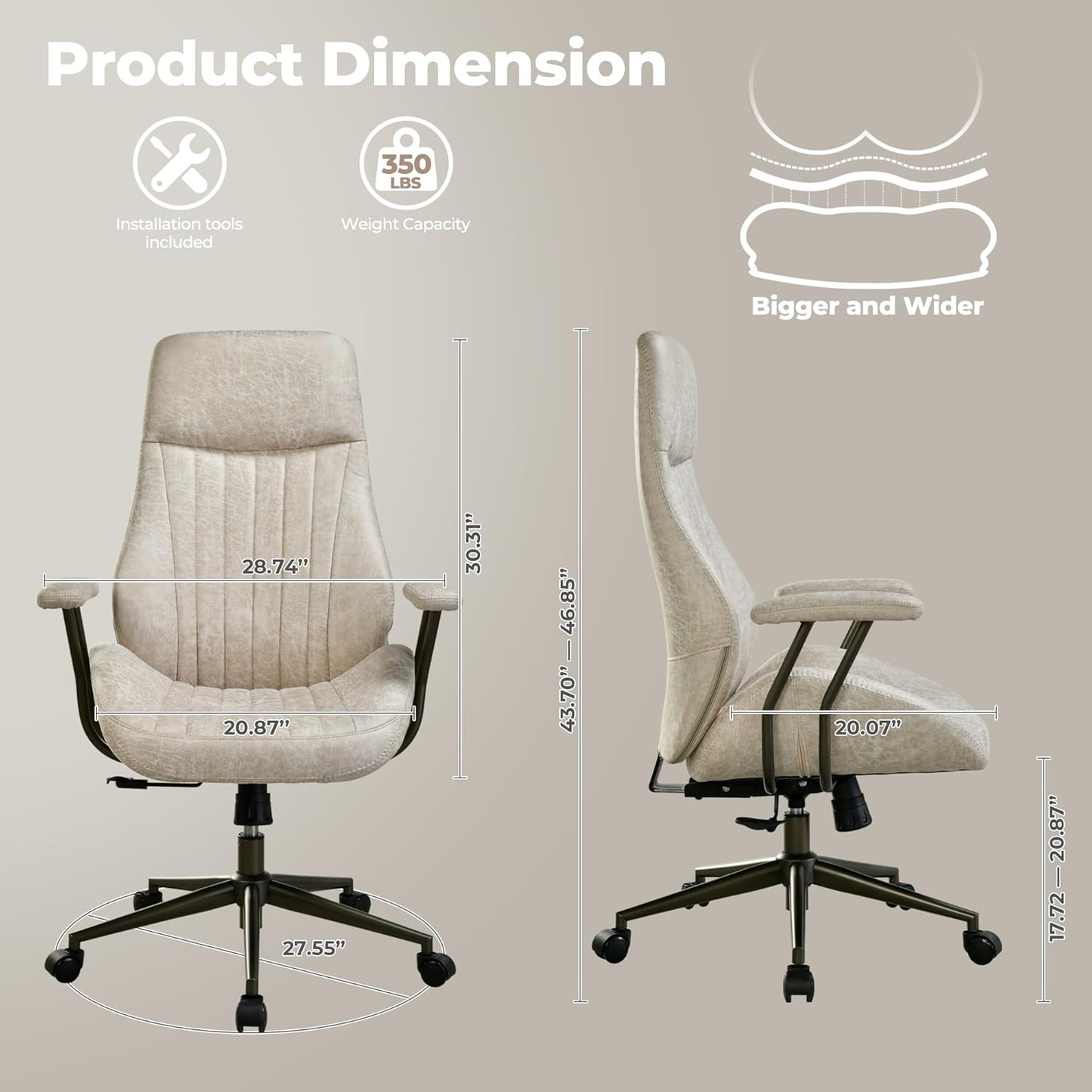 ovios Ergonomic Home Office Chair, Mid-Century Modern Faux Leather Chairs with Padded Armrests, Comfy High Back Swivel Rolling Executive Computer Armchair (Beige, Suede Leather)