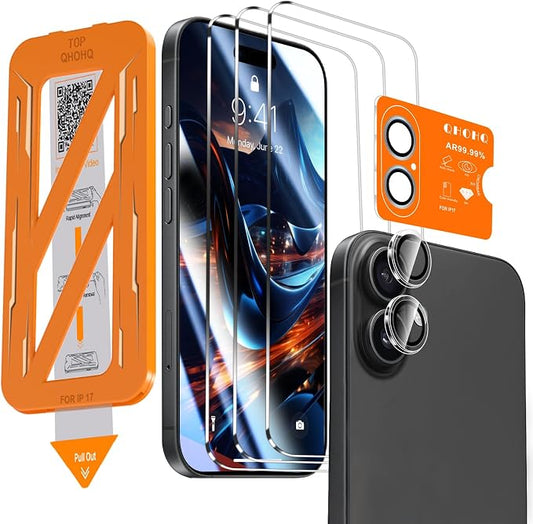 QHOHQ 3 Pack Screen Protector for iPhone 17 + 1 Set Camera Lens Protector by QHOHQ