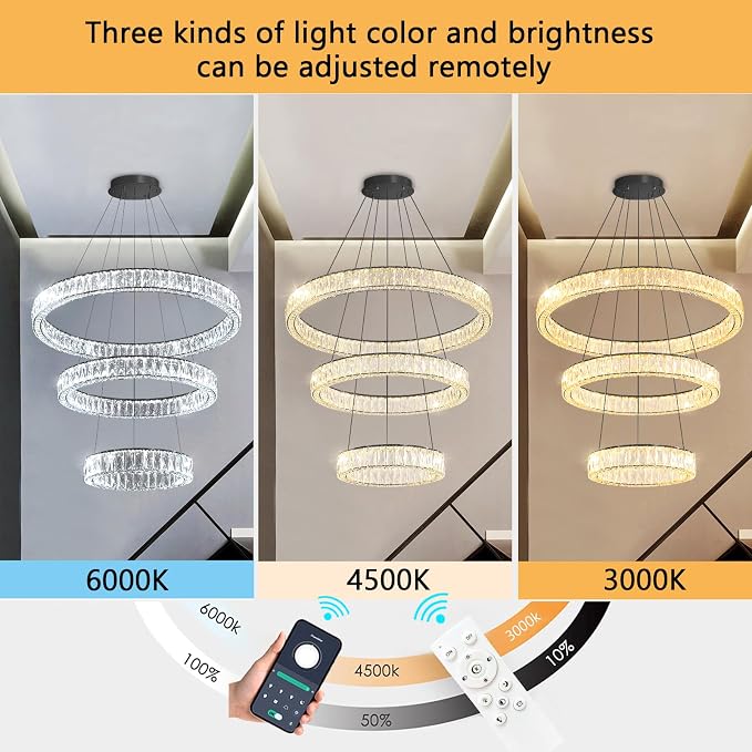 HAIXIANG Modern Glam Chandelier Crystal LED Remote Rings Chandelier Adjustable - Image 7
