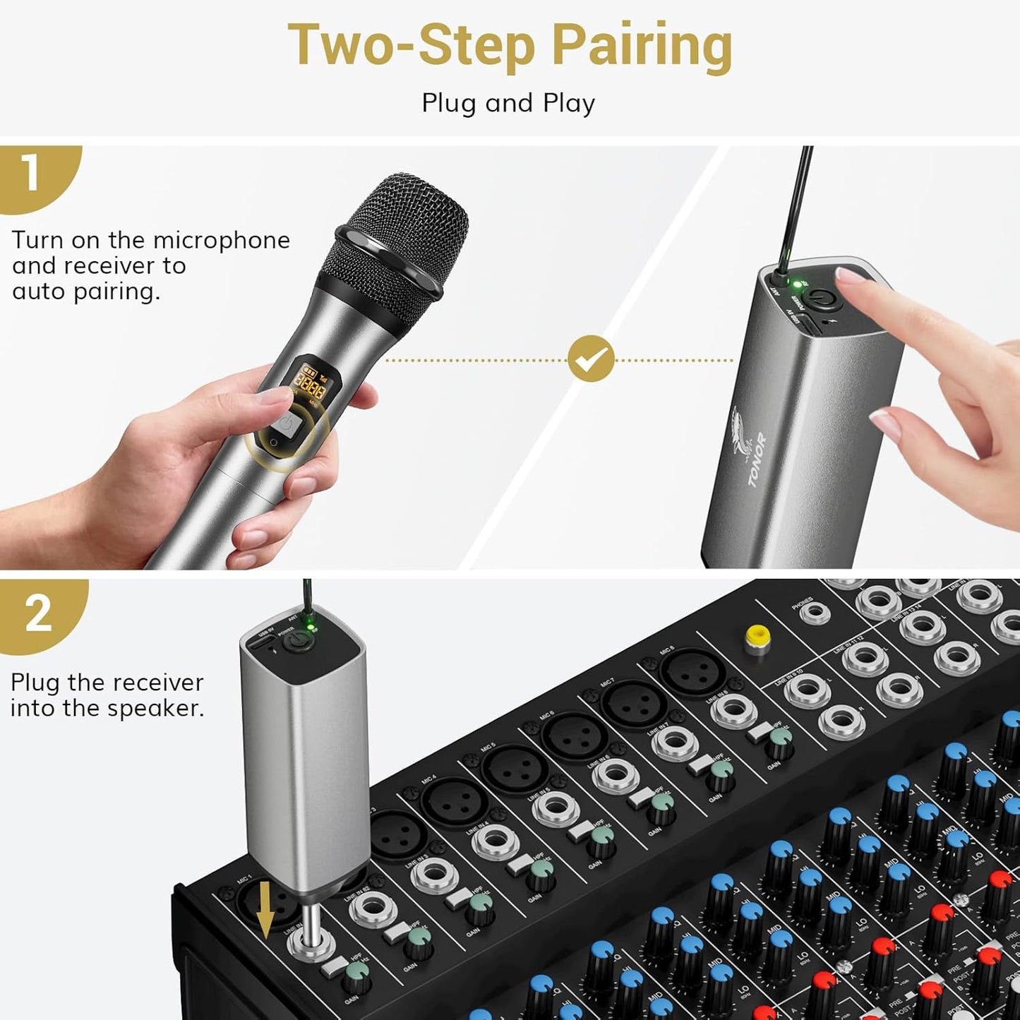 TONOR Wireless Microphone, UHF Metal Cordless Handheld Mic System with Rechargeable Receiver, for Karaoke, Singing, Party, Wedding, DJ, Speech, 200ft (TW620), Silver