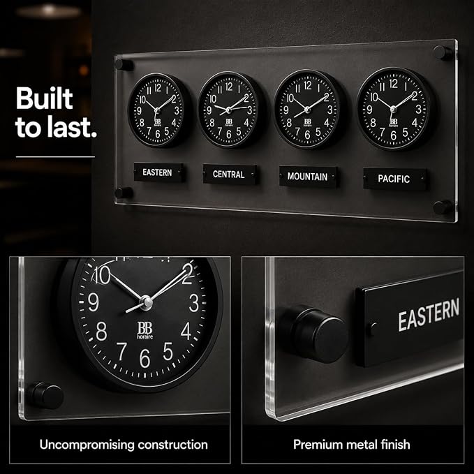 BBHORAIRE Black Time Zone Wall Clock, Silent Quartz Analog World Clock - Image 5