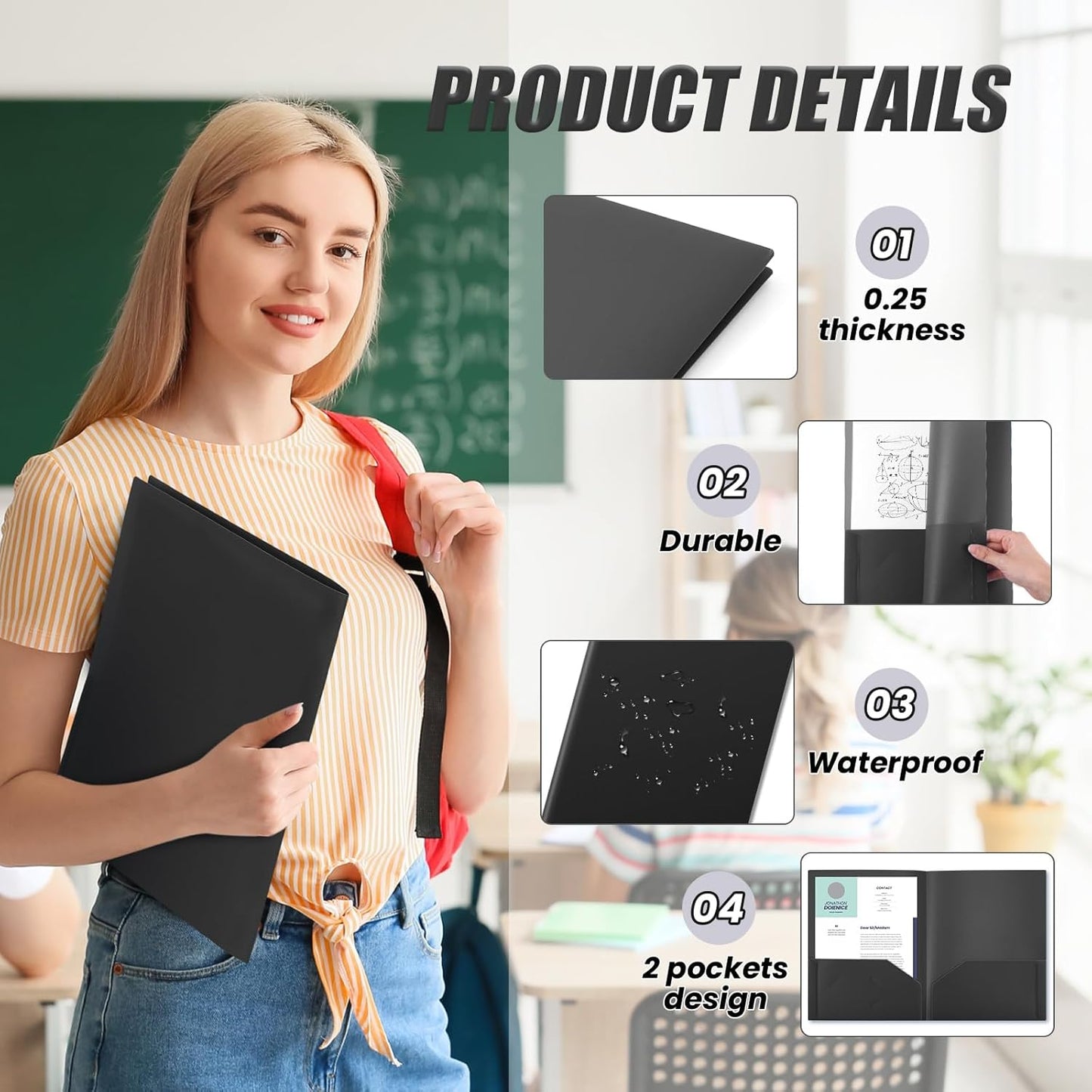 Gueevin 24 Pcs Plastic Folders with Pockets, Back to School Two Pocket Folder Fit Letter Size, Heavy Duty School Business Card Holder for Home Office, 11. 61 x 9. 45 Inches (Black)