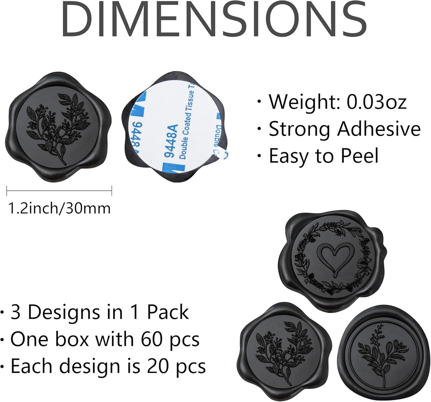 60 Pcs Black Wax Seal Stickers Self-Adhesive Envelope Seals Stamp Stickers, Perfect for Wedding Invitations Seating Chart Christmas Gift Wrapping 3 Designs in 1 Pack