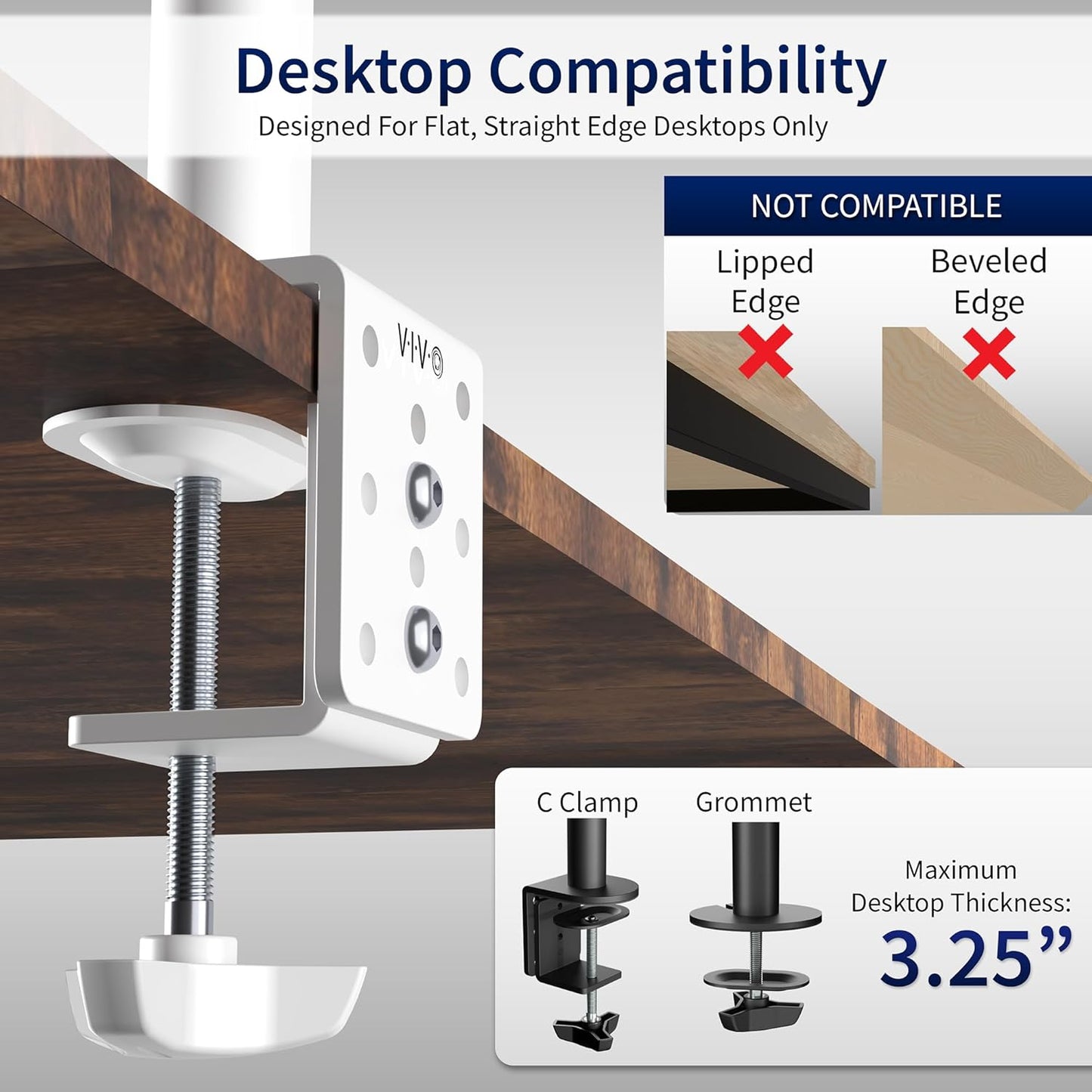 VIVO White Dual 13 to 27 inch LCD LED Monitor Desk Mount Stand with C-clamp and Bolt-Through Grommet, Heavy Duty Fully Adjustable Arms for 2 Screens STAND-V002W