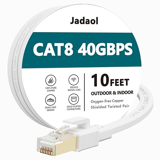 Jadaol Cat 8 Ethernet Cable 10 ft, 40Gbps 2000MHz Flat RJ45 S/FTP LAN Patch by Jadaol