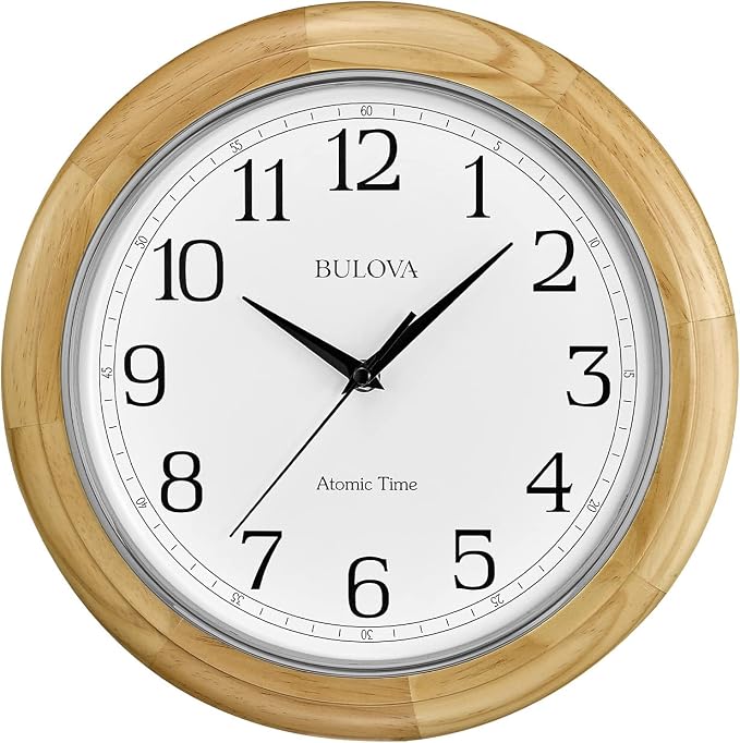 Bulova C5005 Wooden Atomic Analog Wall Clock | Automatically Sets Time | Large by BulovaCorporation