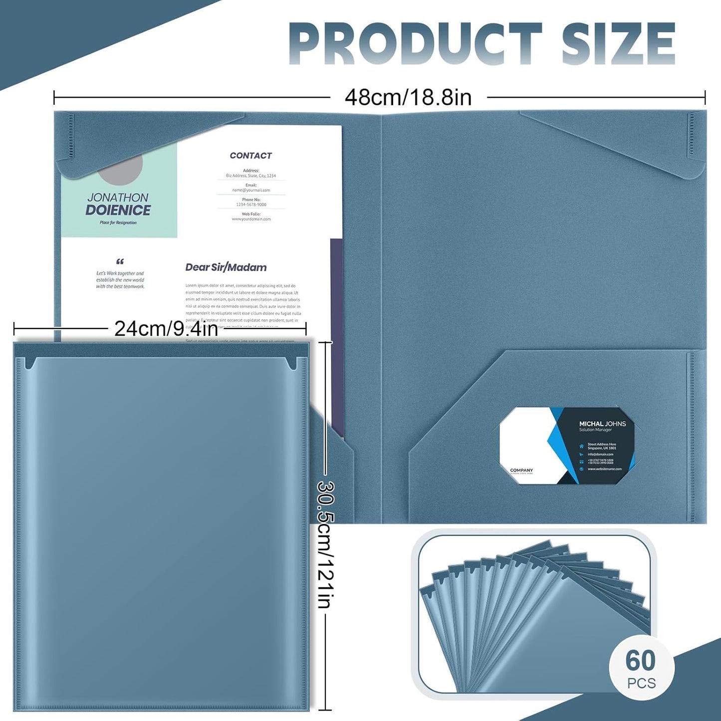 Henoyso 60 Pcs Plastic Folders with Clear Front Pockets Heavy Duty File Folders with 2 Pockets and Card Slot for Student Communication School Office Presentation Report (Blue Gray)