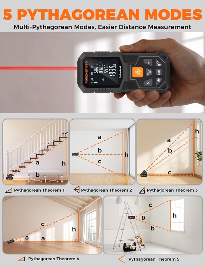 Laser Distance Meter POROMETISTO 262ft/80m, Digital Angle Finder, 12 Modes - Image 7