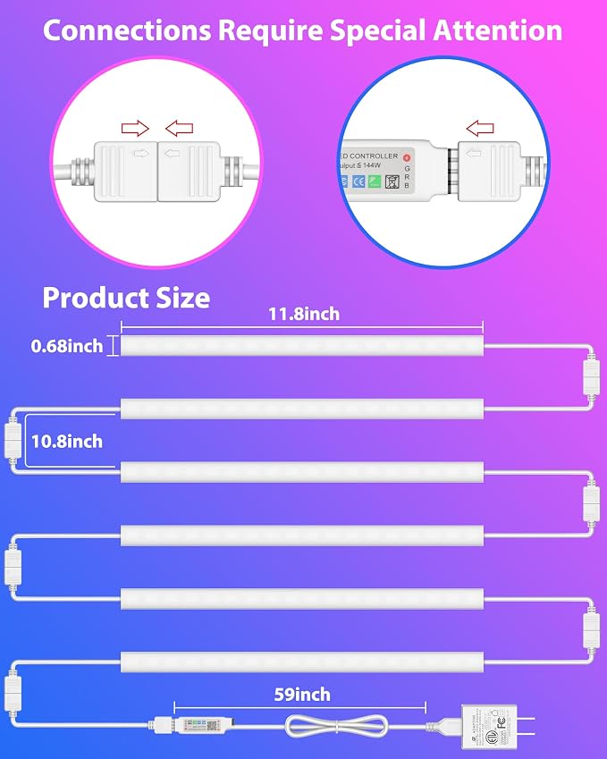 ASOKO 300 Lumens RGB Under Cabinet Led Light Plug in, 6 Pack 12 inch Linkable - Image 6