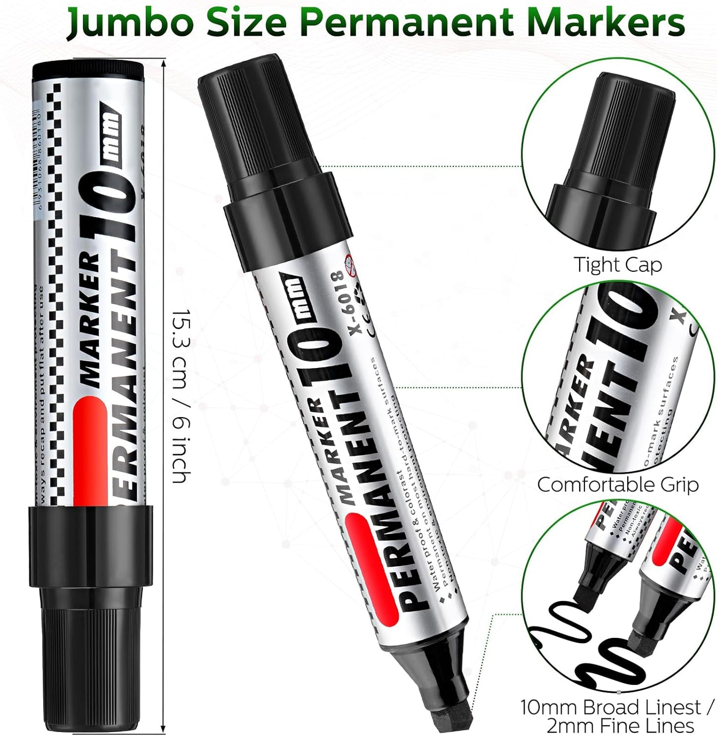 Thenshop 48 Pcs Jumbo Size Permanent Markers Bulk Waterproof Chisel Tip Marker Pens for Industrial Use Work on Wood Metal Plastic Stone Glass(Black, Blue, Green, Red)