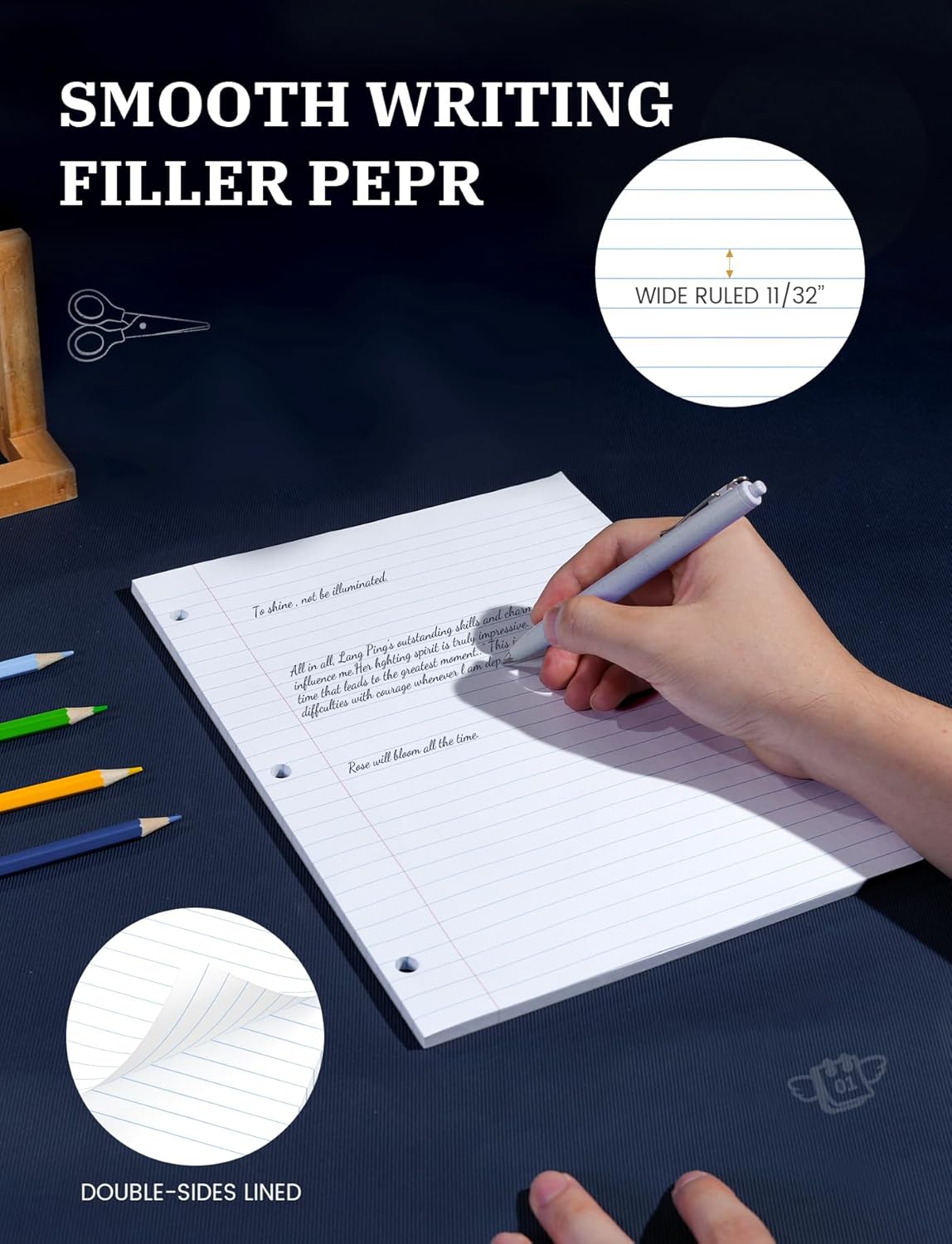 Loose Leaf Paper, 300 Sheets Filler Notebook Paper, 3-Hole Punched Binder Papers 8-1/2 x 11 In, Wide Ruled Lined Paper 8.5 x 11 for 3 Ring Binder, White, 3 Pack, 100 Sheets/Pad