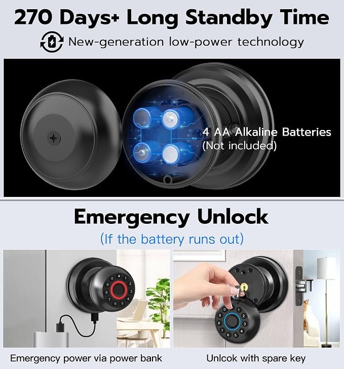 Anweller Smart Door Knob with Lock, Fingerprint Code Keypad Keyless Entry - Image 7