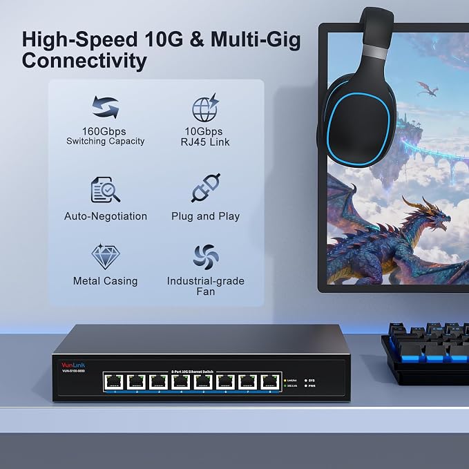 8-Port 10Gb RJ45 Ethernet Switch Unmanaged, VunLink 10GBase-T Multi-Gig Network - Image 3