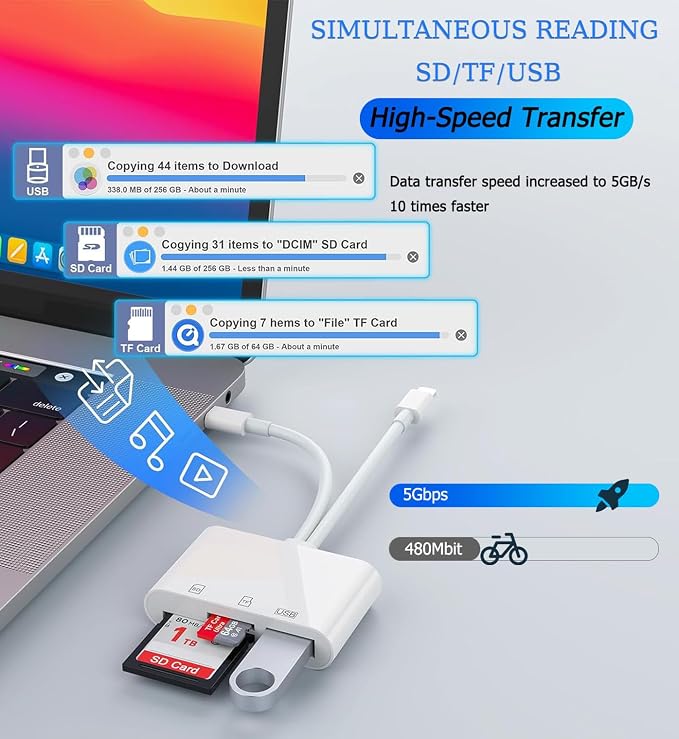 USB C SD Card Reader for iPhone, Lightning Dual Port SD Card Adapter, Memory - Image 3