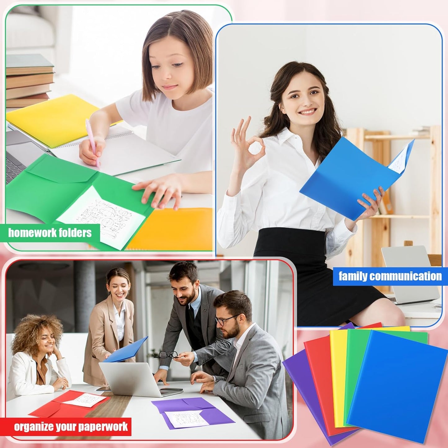 Gueevin 50 Pcs Plastic Folders with Pockets, Back to School Two Pocket Folder Fit Letter Size, Heavy Duty School Business Card Holder for Home Office, 11. 61 x 9. 45 Inches (Multicolor)