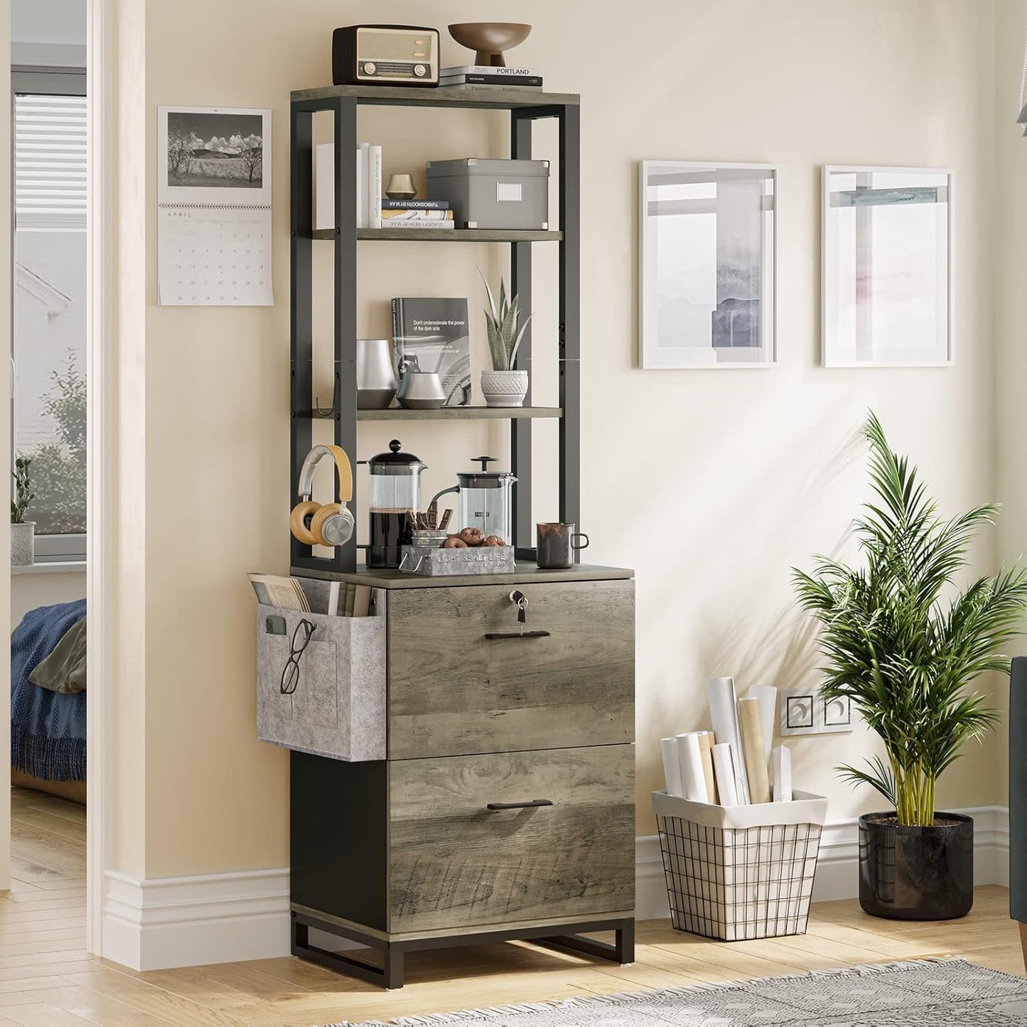 Itaar 2 Drawer File Cabinet with Lock, Filing Cabinet fits Letter, Legal, A4 Size, Hanging File Folders, File Cabinets for Home Office with Adjustable Storage Shelf and Hook, Grey