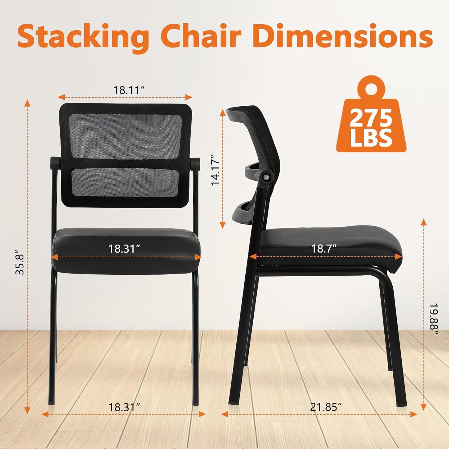 CLATINA Stackable Waiting Room Chair with Adjustable Mesh Backrest, Armless Office Guest Reception Chairs with Leather Cushion and Ergonomic Lumbar Support for Conference Lobby Side School, Black