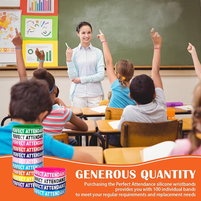 100 Pcs Perfect Attendance Silicone Wristbands 10 Assorted Color Reward Rubber - Image 4