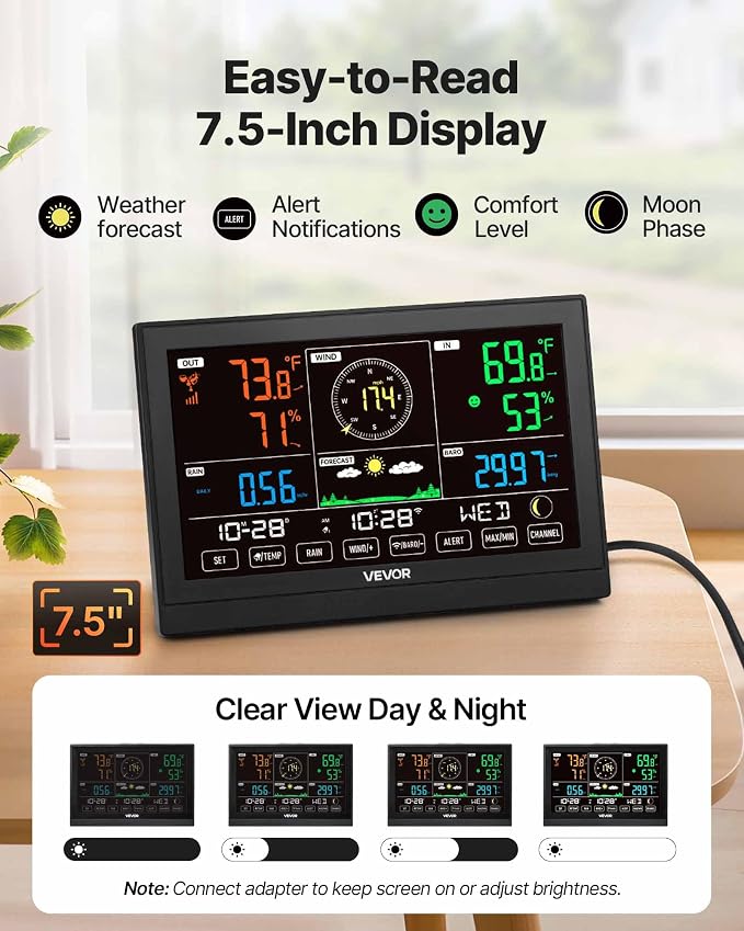 VEVOR 5-in-1 Wi-Fi Weather Station, 7.5-Inch VA Display, Wireless Solar Powered - Image 4