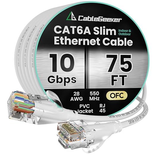 CableGeeker CAT6A Slim Ethernet Cable 75FT, 10Gbps 550MHz High Speed Network by CableGeeker