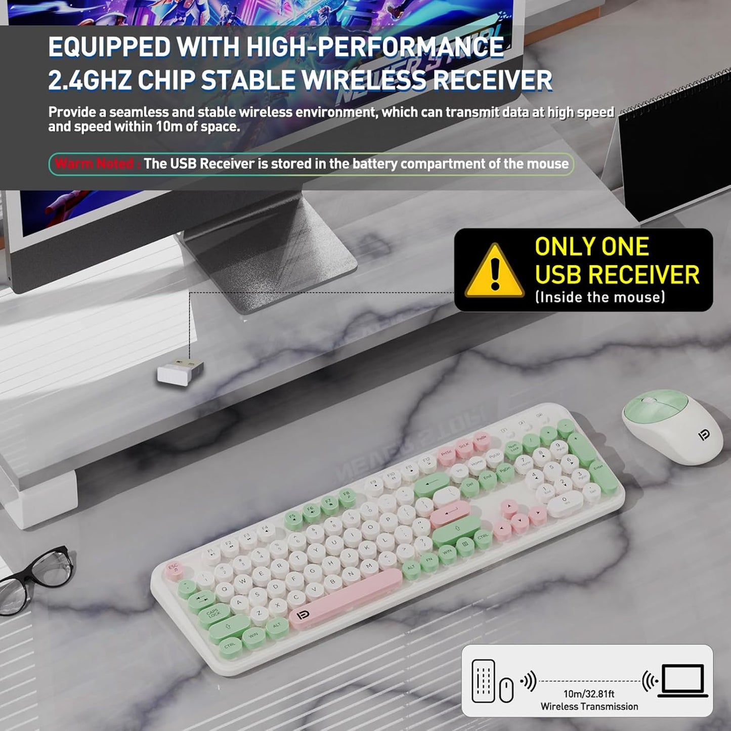 FOPETT 2.4GHz Wireless Keyboard and Mouse Set with Switch Button - Full-Size Keyboard - Compatible for Windows/Laptop/PC/Notebook/Smart TV and More - White Green