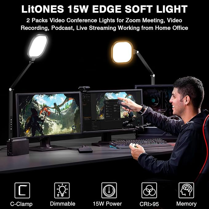 2 Packs Video Conference Light for Computer, 15W LitONES Desk Light for Zoom - Image 2