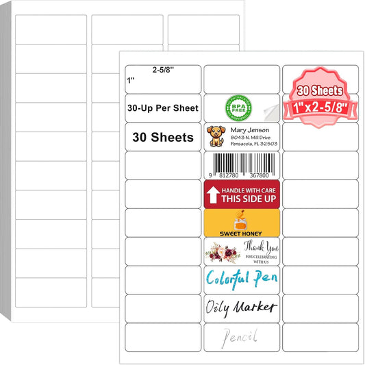 Address Labels 1" x 2-5/8" Mailing Labels for Envelopes, 900 White Printable Blank Label Stickers for Address, Mailing, Lase/Inkjet Printer, 8.5"×11" 30 Up Small Labels Per Sheet (30 Sheets)