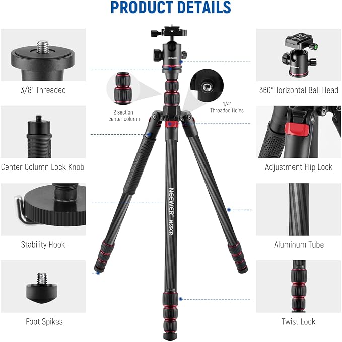 NEEWER Upgraded 80.7" Carbon Fiber Camera Tripod Monopod - Image 9
