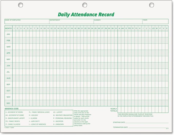 TOPS Daily Attendance Record, Loose-Leaf Style, 8.5 x 11 Inches, 50 Forms per by TOPSProducts