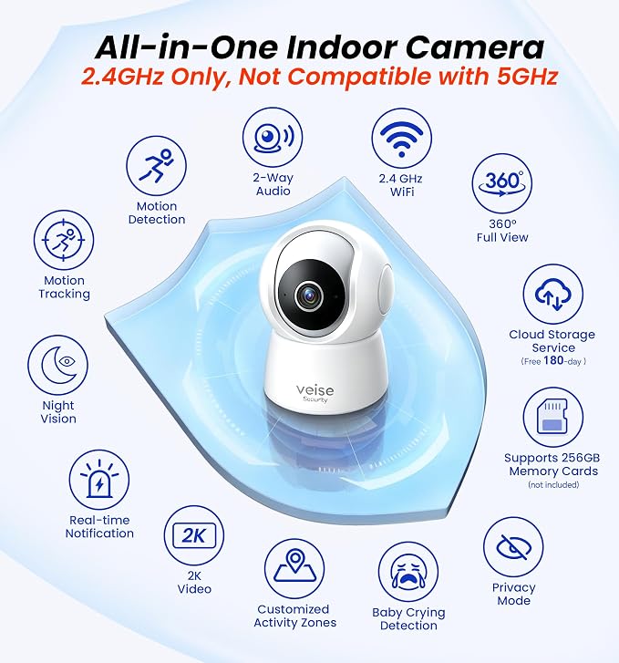 Veise 2K Indoor Camera for Home Security, 360° Wireless WiFi Pet & Baby Monitor - Image 9