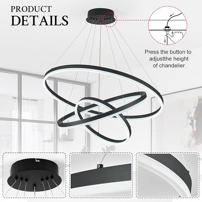 3-Rings Modern LED Chandelier Black, Dimmable Pendant Lighting - Image 6