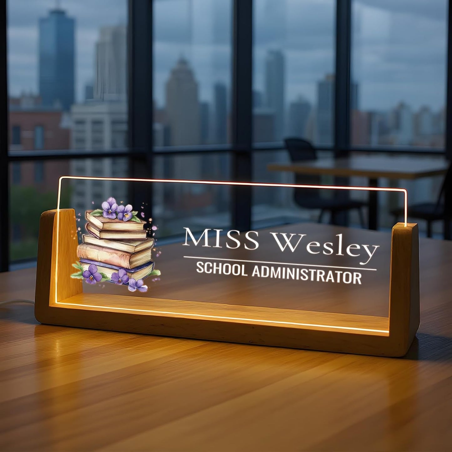 Custom Name Plate for Desk with Light Up Acrylic & Wooden Base - Personalized Office Sign for Teacher, Boss, Coworker - Employee Appreciation Gift for Educators Professionals