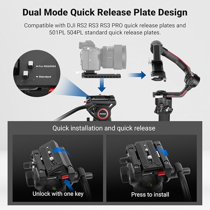NEEWER 74" Video Tripod with Fluid Head, QR Plate, Aluminum Heavy Duty Camera - Image 4