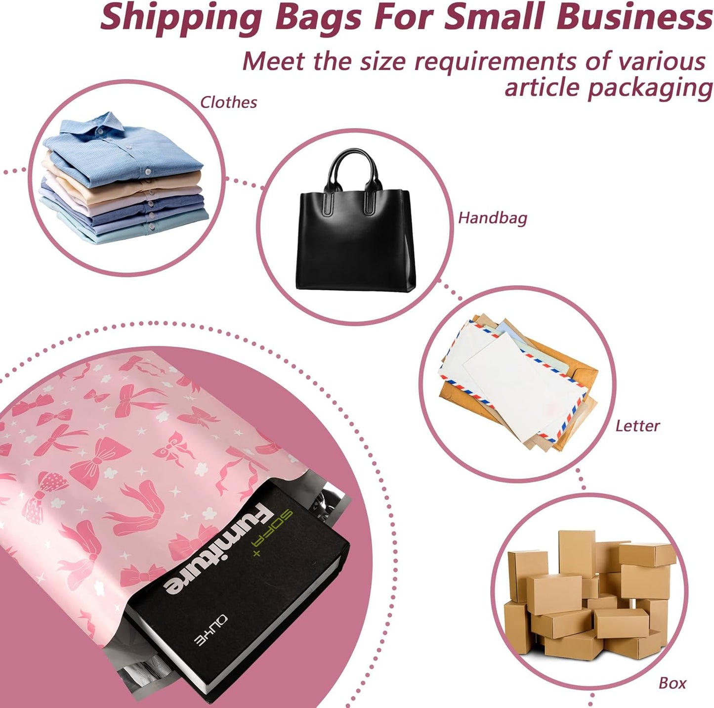 Poly Mailers 14.5x19 Inch 50 Pcs - Pink Bow printed Shipping Bags, 2.4mil Thickness, Waterproof and Tear Resistant Mailing Envelopes, Self-Sealing Packaging Bags for Small Business