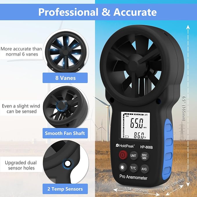 HoldPeak 866B Handheld Anemometer, Digital Wind Speed Gauge Meter, Air Flow - Image 2