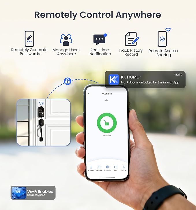 Veise VE017G-H Wi-Fi Smart Fingerprint Front Door Lock Set, Remote App Control - Image 3