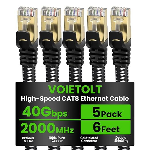 Cat 8 Ethernet Cable Flat 6 FT 5Pack, High Speed 40Gbps 2000Mhz Braided by EthernetCable