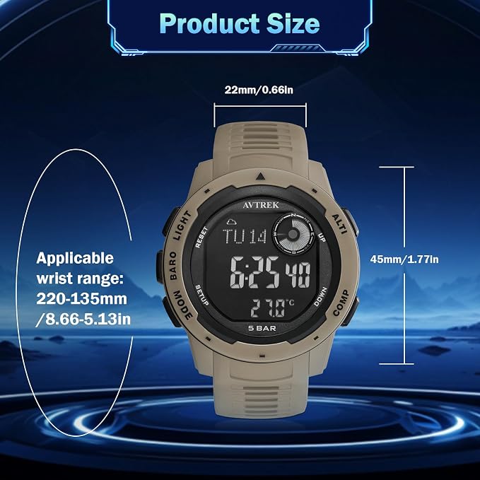 AVTREK Tactical Watch with Compass, 50M Waterproof Pedometer, Digital Altimeter - Image 3