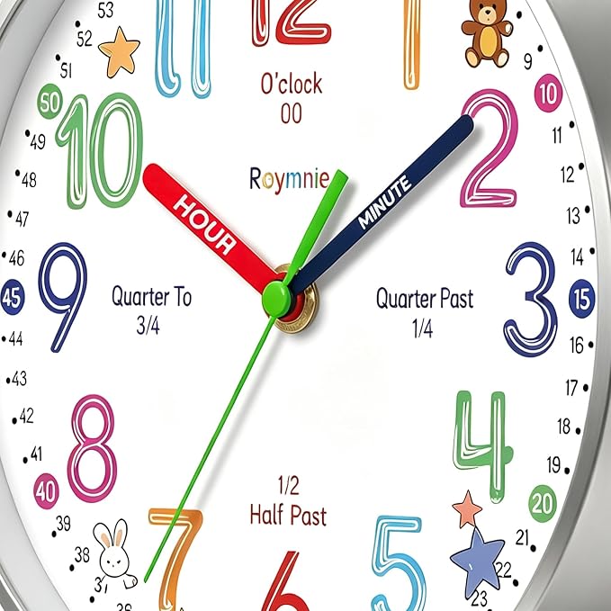 Roymnie Wall Clock Learning to Tell Time Easily Non Ticking Battery Operated - Image 9