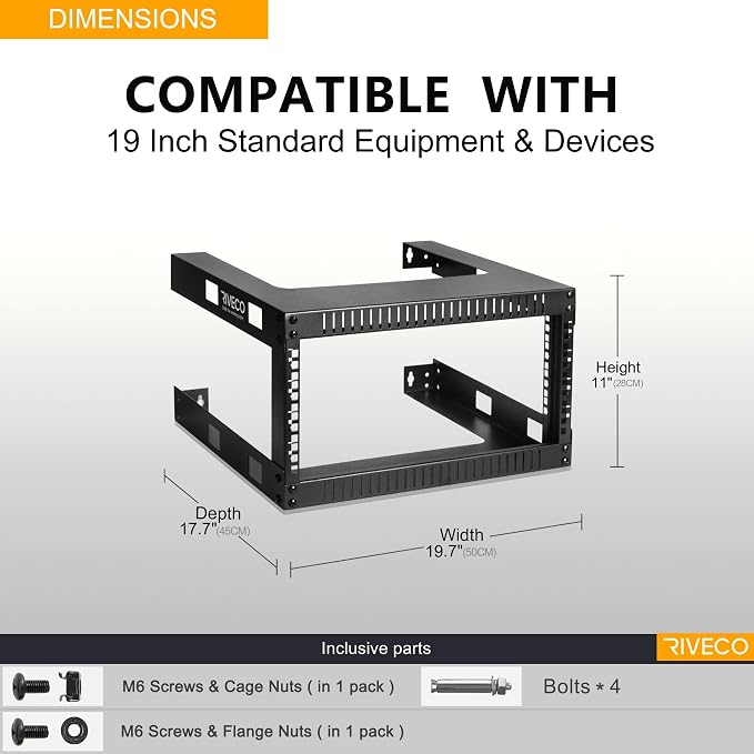 RIVECO 4U 19" Wall Mount Network Rack – 17.7" Deep 2 Post Open Frame Cabinet - Image 5