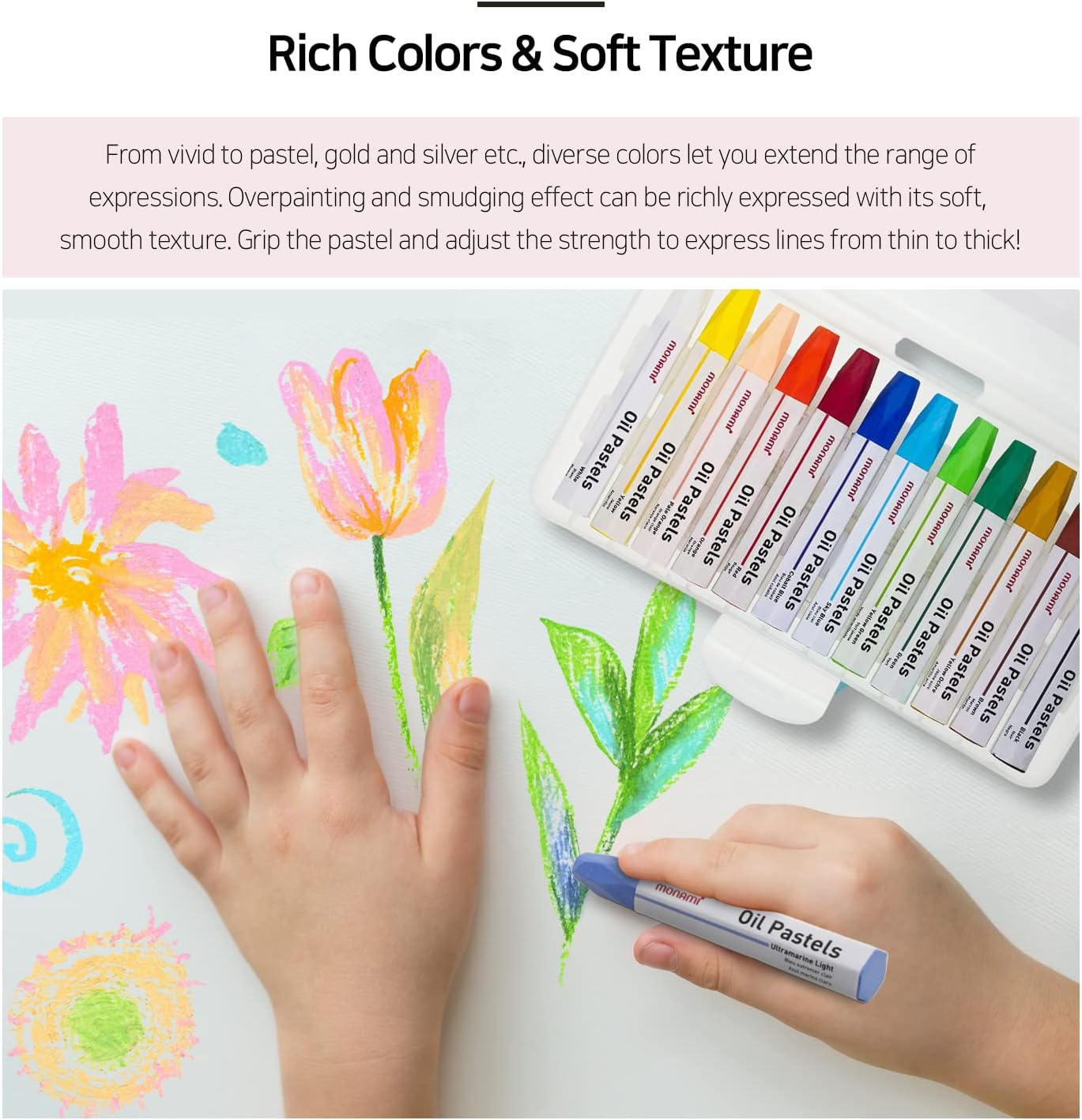 MONAMI Oil Pastels, Jumbo Size Hexagonal Shape Oil Pastels for Kids and Students with Handy Carrying Case, 36 Vivid Colors Pack