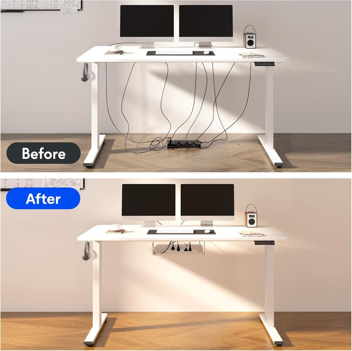 FLEXISPOT EN2 Whole-Piece Standing Desk with Clamp Power Strip, 48 x 30 Electric Stand Up Height Adjustable Desk with Cable Management (White Frame + 48" Marble Gray Top, 2 Packages)