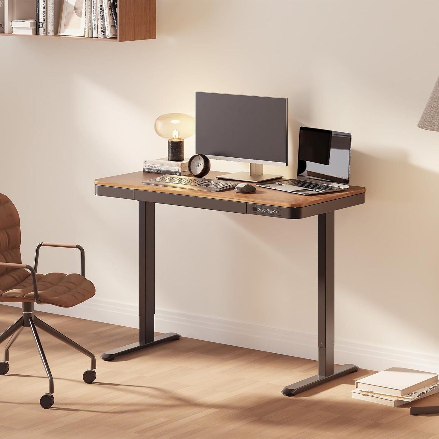 FLEXISPOT Comhar 48" Electric Standing Desk with Drawers, Quick Assembly Home Office Sit Stand Desk with Storage & USB Charging, Computer Workstation for Home Office (48" Wood, Dark Walnut/Black)