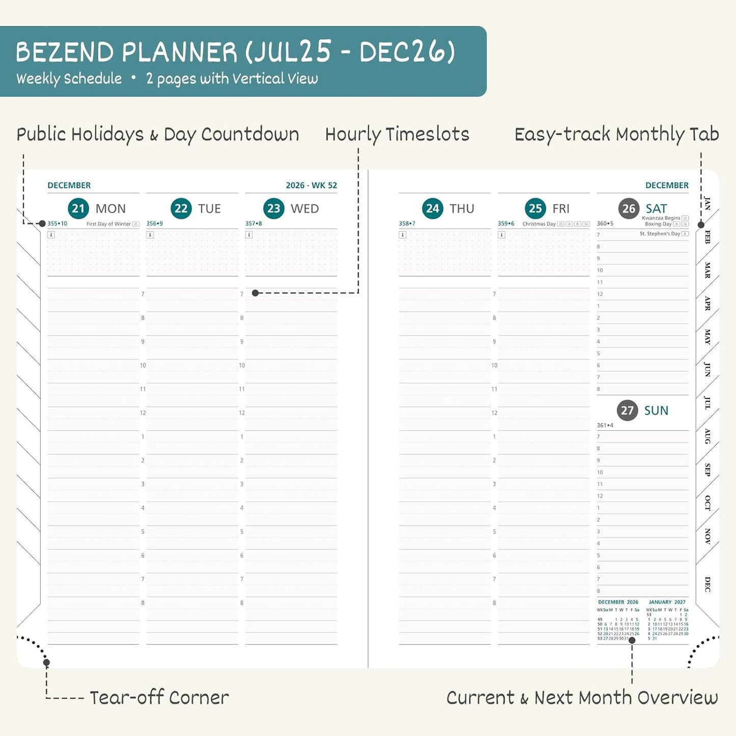 BEZEND Planner 2025-2026 Weekly and Monthly, 5.8" x 8.5" Academic Calendar (Jul 25-Dec 26) Vertical Daily Appointment with Hourly Timeslot & Monthly Tab, PU Leather Hardcover - Kiwi