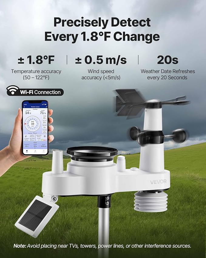 VEVOR 7-in-1 Wi-Fi Weather Station, 7-Inch TFT Display, Wireless Solar Powered - Image 5
