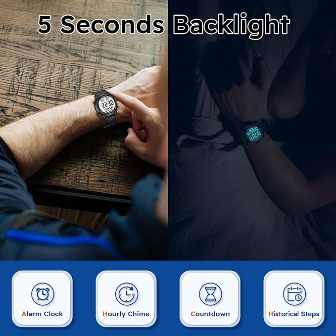 Men's Pedometer Watch with Stainless Steel Bracelet, Step Counter Watch No App - Image 4