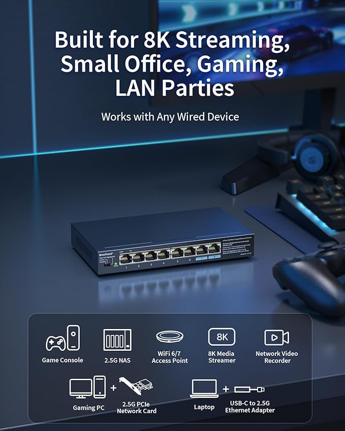 BrosTrend 2.5Gb Switch, Unmanaged 8 Port Ethernet Switch 2.5 Gigabit Supports - Image 3