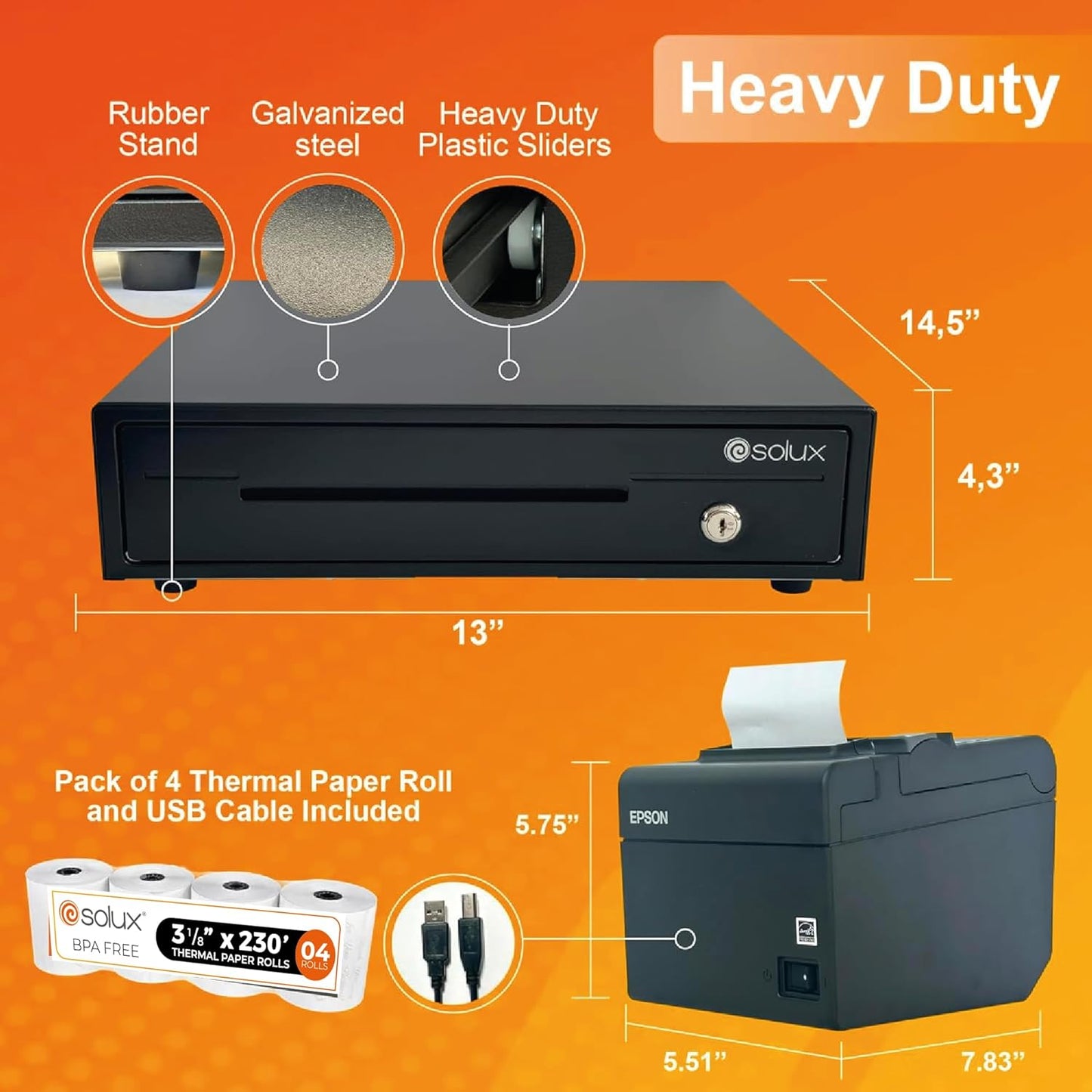 POS Hardware Bundle for Square System - 13" Cash Drawer, Thermal Receipt Printer, POS Systems for Small Business - Cash Register With Receipt Paper and Printer