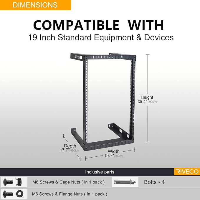 RIVECO 18U 19" Wall Mount Server Rack – 17.7" Deep 2 Post Open Frame Cabinet - Image 5