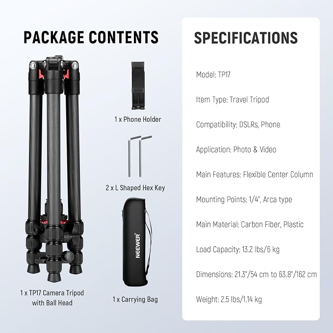 NEEWER Basics Carbon Fiber Travel Tripod, Arca Type Ball Head & Cell Phone - Image 9